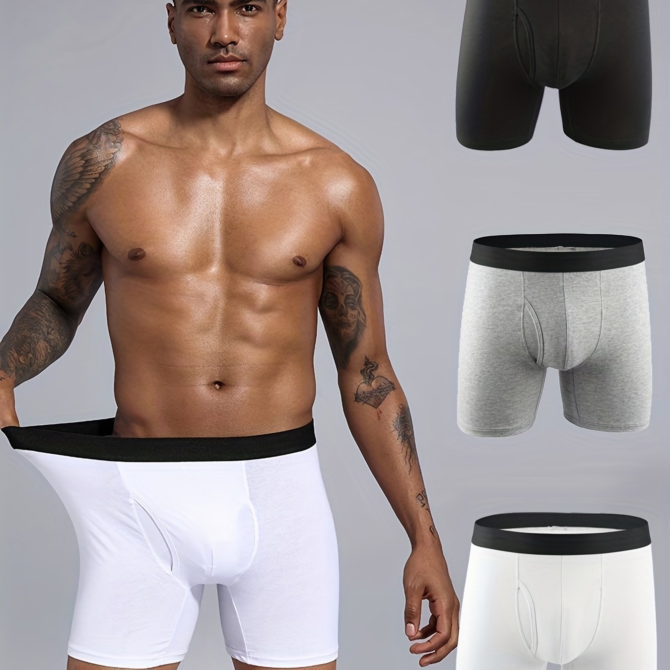 3PCS Men's Cotton Long Leg Boxer Briefs, Men's Simple Solid Color Panties Boxershorts, Sexy Open Front Crotch Underwear Male Underpants Shorts