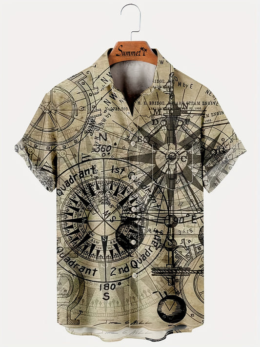 Plus Size Men's Geometric Button Down Casual Shirts Short Sleeve Summer Loose Fit Beach Tee Shirts Tops