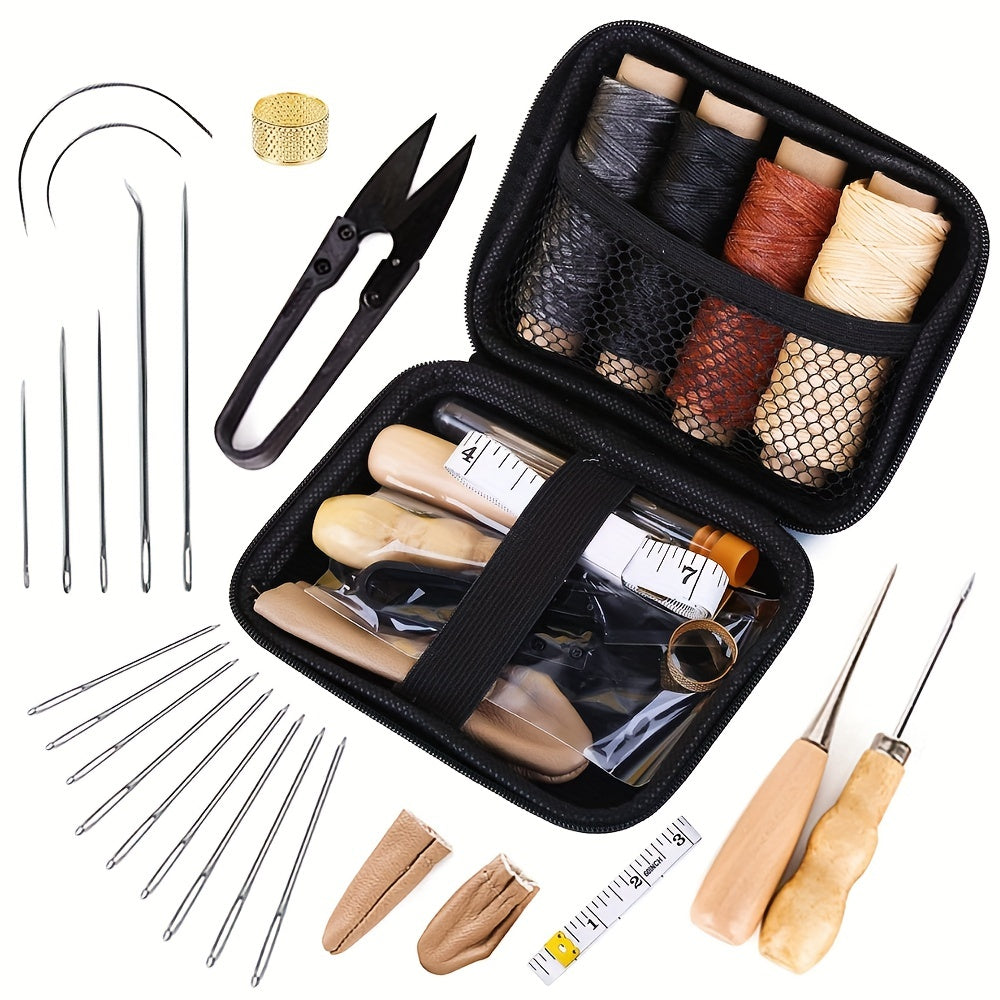 Kit de couture en cuir, outils et fournitures de travail en cuir, Kit de travail en cuir avec des aiguilles à couture à grands yeux, Kit de réparation de sellerie en cuir, Fil ciré, Outils de couture en cuir pour bricolage en cuir