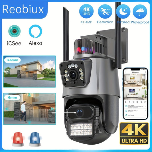 Reobiux Security Cameras Outdoor-360° View Dual Lens & Dual Screen Camera For Home Security, Spotlight Color Night Vision, Motion Detection, 2.4GHz WiFi, 2-Way Talk, Waterproof, SD Card Storage