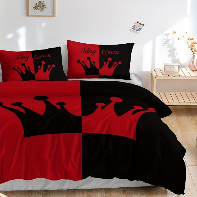 3pcs Duvet Cover Set, Black And Red Crown Pattern Bedding Set, Soft Duvet Cover For Bedroom, Guest Room (1*Duvet Cover + 2*Pillowcase, Without Core)