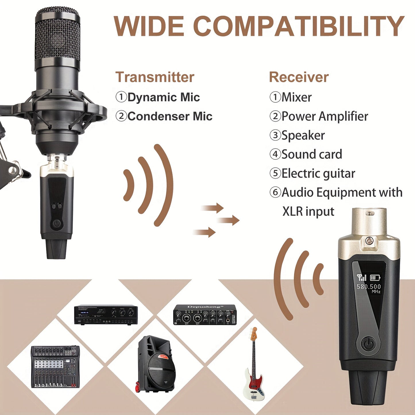 Depusheng T9 Transmissor de microfone sem fio Receptor Plug-on XLR Microfone Sistema sem fio para microfone dinâmico e condensador Mixer de áudio, sistema PA.