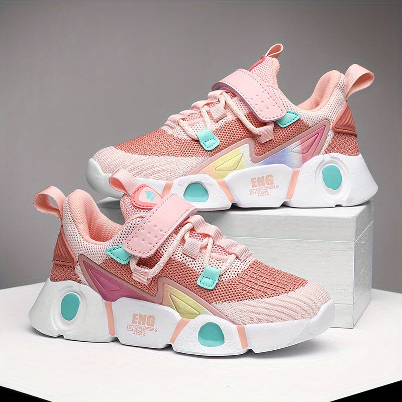 Girls Trendy Color Block Breathable Lace-up Sneakers, Children's Outdoor Non-slip Platform Running Shoes