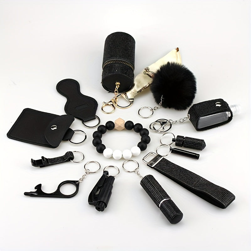 13pcs Keychain Set For Women And Girls With Card Holder, Pill Box, Wristlet, Lipstick Holder, Portable Keychain Accessories Set