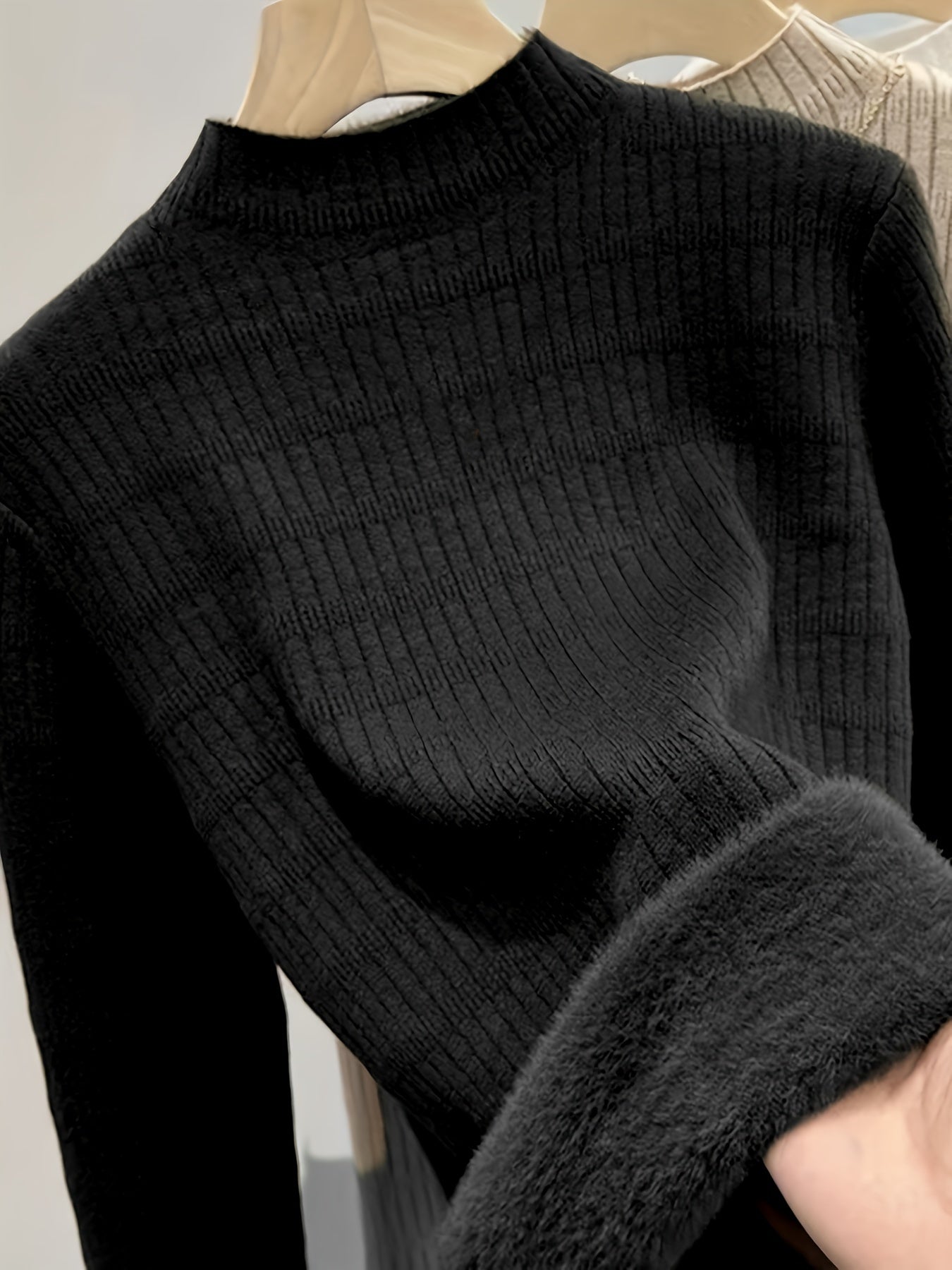 Valentine's Day Mock Neck Fleece Rib Knit Sweater, Casual Long Sleeve Slim Versatile Sweater, Women's Clothing