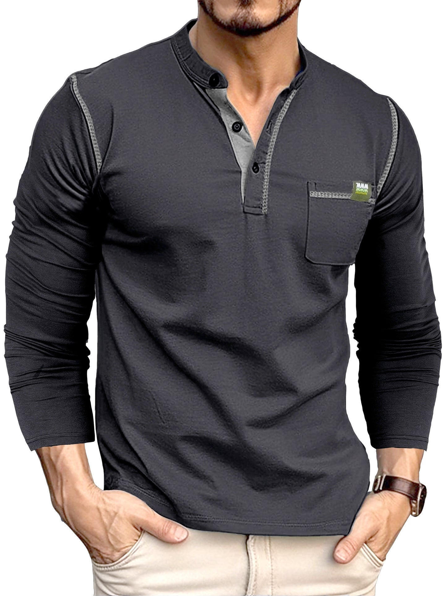 Retro Henley Shirt, Men's Casual V-Neck Pullover Long Sleeve Tshirts For Spring Fall, Men's Clothing