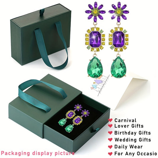 1 Pair Mardi Gras Colorful Dangle Earrings Bohemian Style Alloy Zircon Decor Drop Earrings With Gift Box For Festival Carnival Wearing