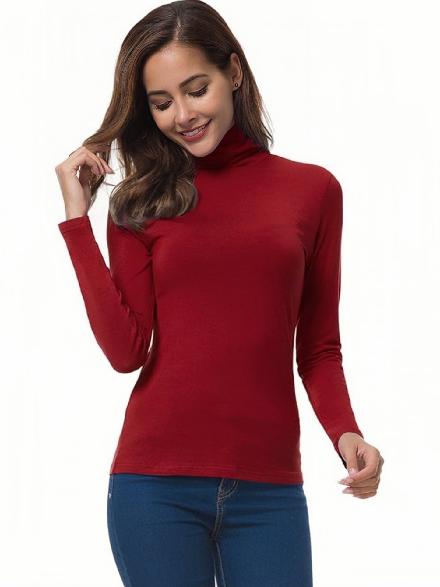 Sólido 4 paquetes de camiseta, camiseta casual de manga larga con cuello alto para primavera y otoño, ropa de mujer