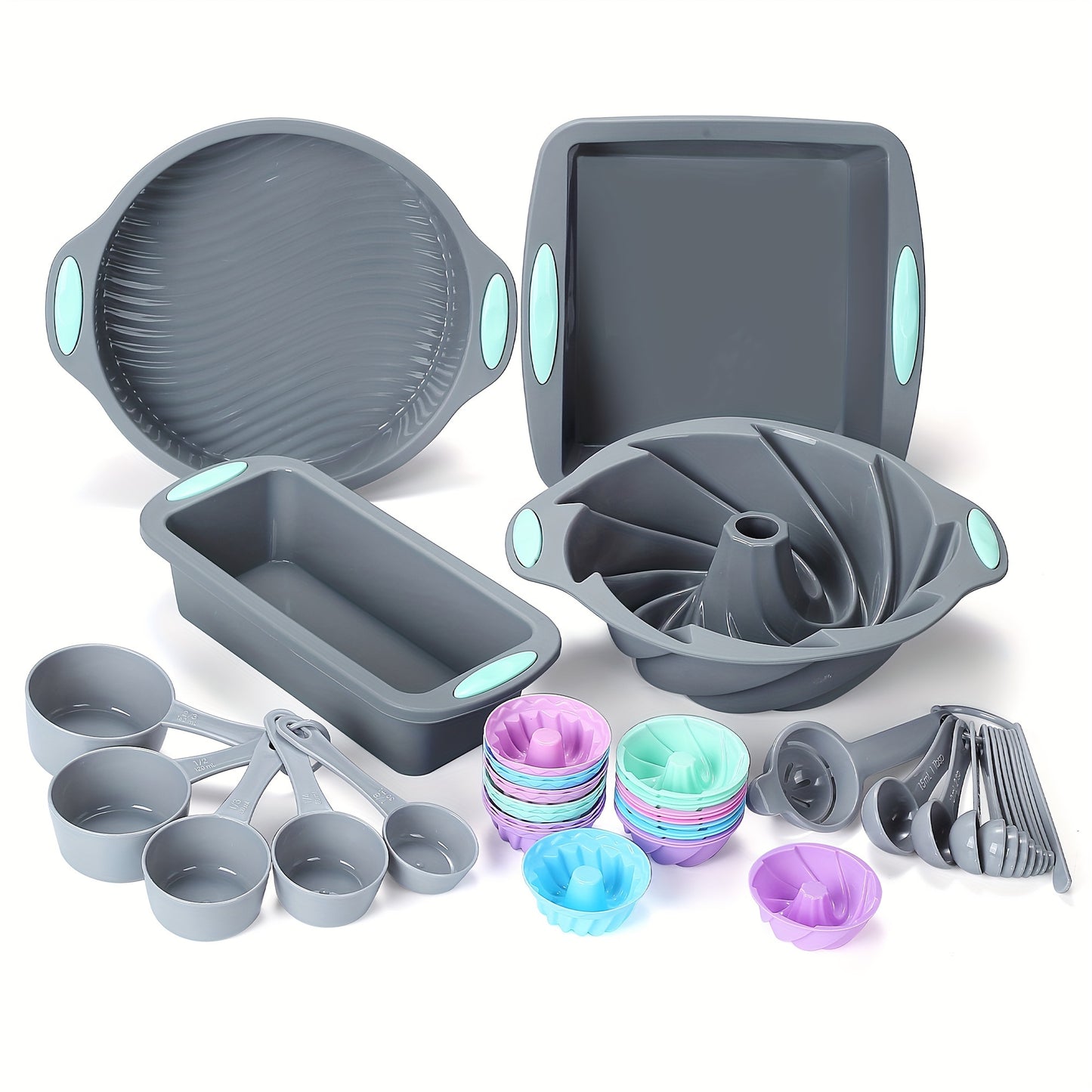 45pcs\u002Fset, Silicone Baking Set, Nonstick Bakeware Set Baking Cookie Sheets Cake Muffin Bread Pan, Loaf Pan, Cake Pan, Pizza Pan, Mini Cupcake Mold, Bundt Pan, Charlotte Cake Pan, Measuring Cup And Spoon, Baking Tools