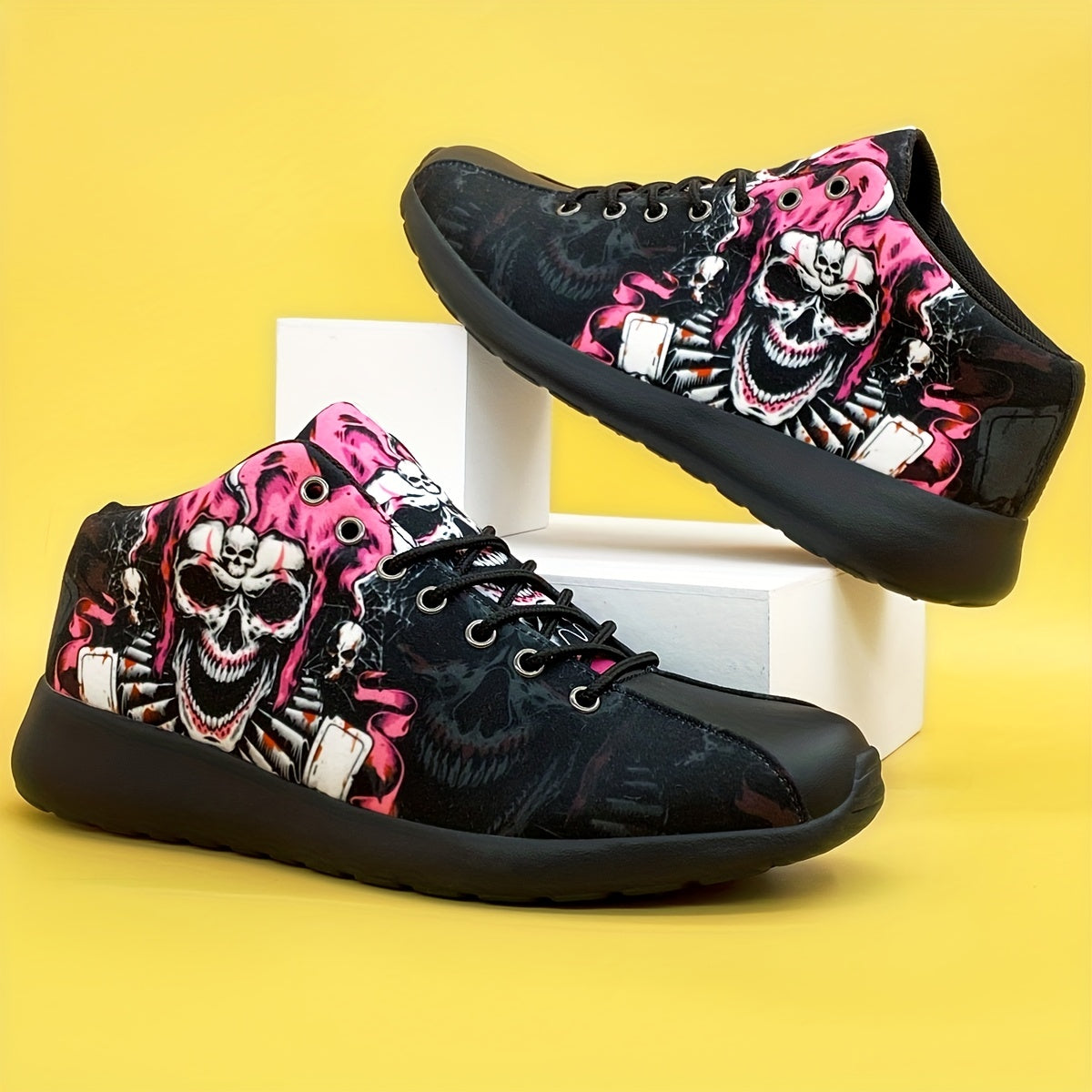 Damen Rock Skull Muster Turnschuhe, bequeme Low Top Schnürschuhe, Damenmode Halloween Schuhe