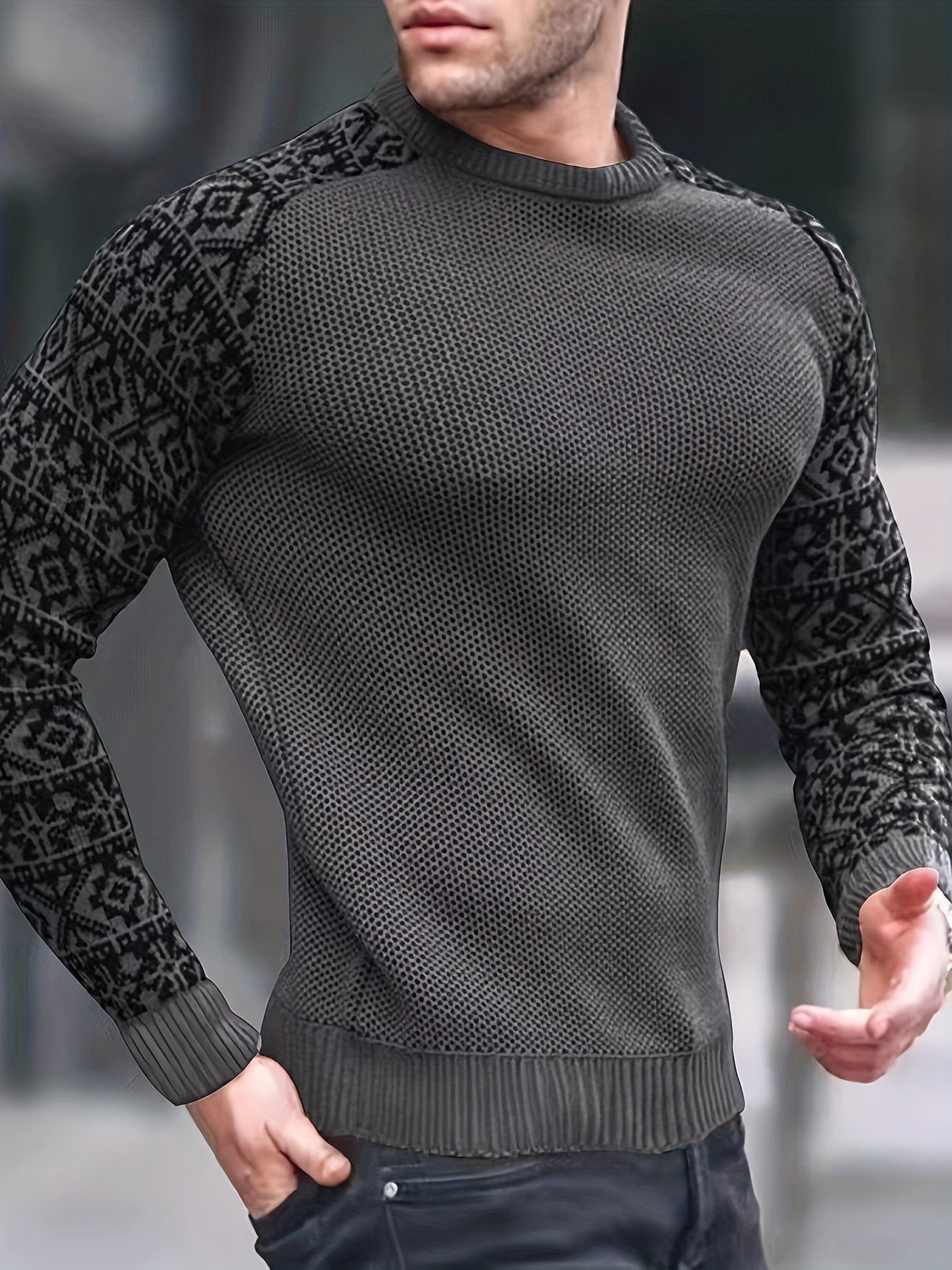 Waffle Trendy Patchwork Sweatshirt, Men's Casual Ethnic Pattern Sleeves Crew Neck Sweatshirt For Men Fall Winter