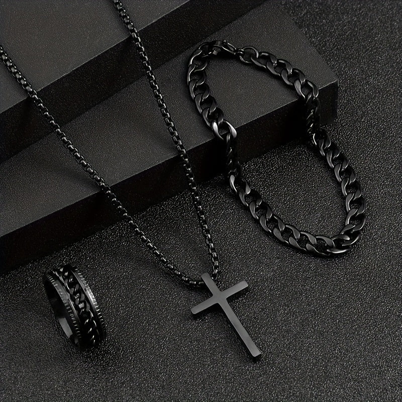 3pcs Men's Fashion Versatile Stainless Steel Jewelry Set, Black Cross Necklace, Bracelet And Ring