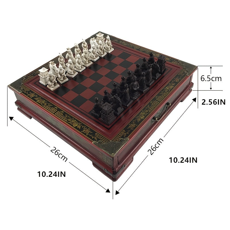 Antique Chess Three-dimensional Terracotta Army Chess Pieces, High-grade Retro Wooden Table Chess Handmade 26*26CM (10.24*10.24IN) Halloween\u002FThanksgiving Day\u002FChristmas Gift ,gaming gift