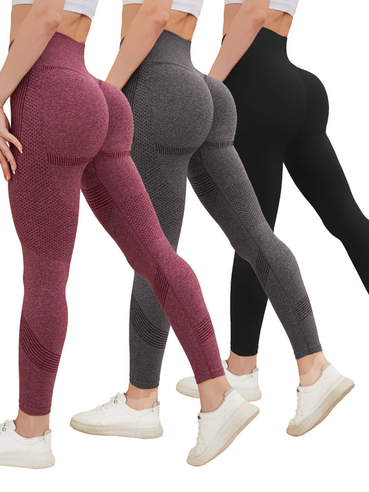 3pcs Breathable  High Waist Butt Lifting Fitness Leggings, Tummy Control Running Sports Tight Yoga Pants, Women's Activewear