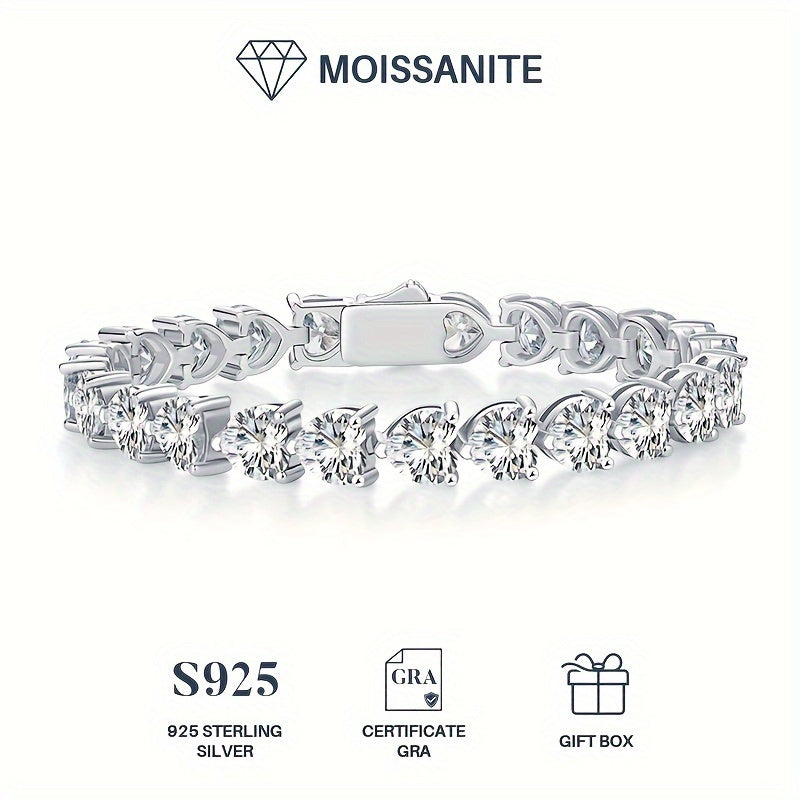 1ct * 24 Heart-Shaped Moissanite Bracelet 1pc, 925 Sterling Silver Women's Luxury Romantic Tennis Bracelet, Valentine's Day Wedding Anniversary Birthday Gift With Certificate