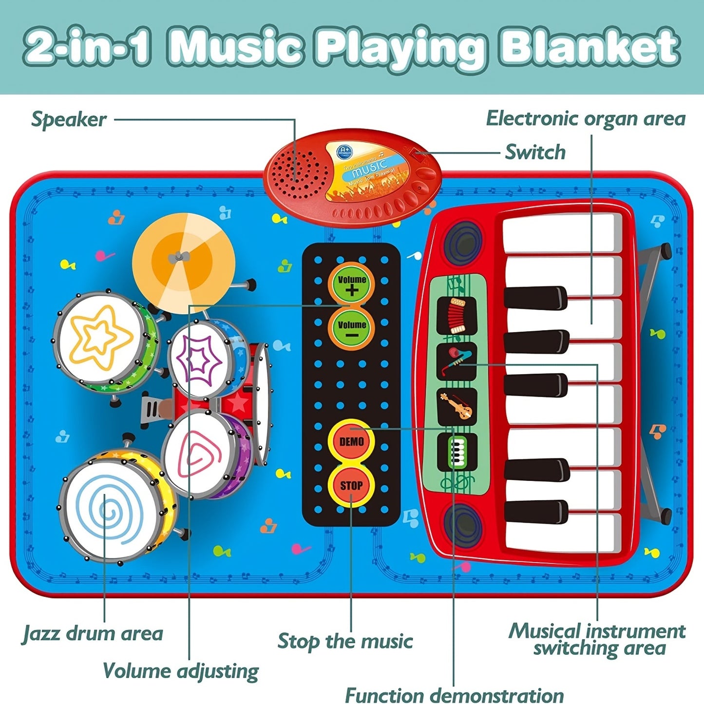 2 In 1 Musical Toys, Toddler Piano & Drum Mat With 2 Sticks, Musical Mats-Piano Keyboard & Drum, Learning Floor Blanket, Birthday Gifts For 1 2 3 Year Old Boys & Girls Baby Toys