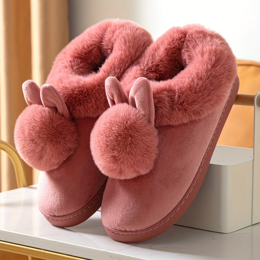 Women's Kawaii Rabbit Decor Slipeprs, Comfortable Plush Lined Slip On Shoes, Women's Warm Winter Shoes