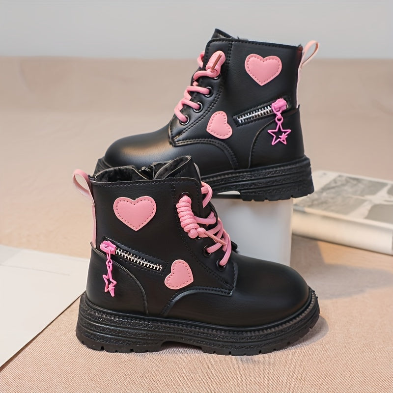 Trendy Cute Plus Fleece Boots For Girls Kids, Comfortable Non Slip Boots With Zipper For Indoor Outdoor Travel, Autumn And Winter