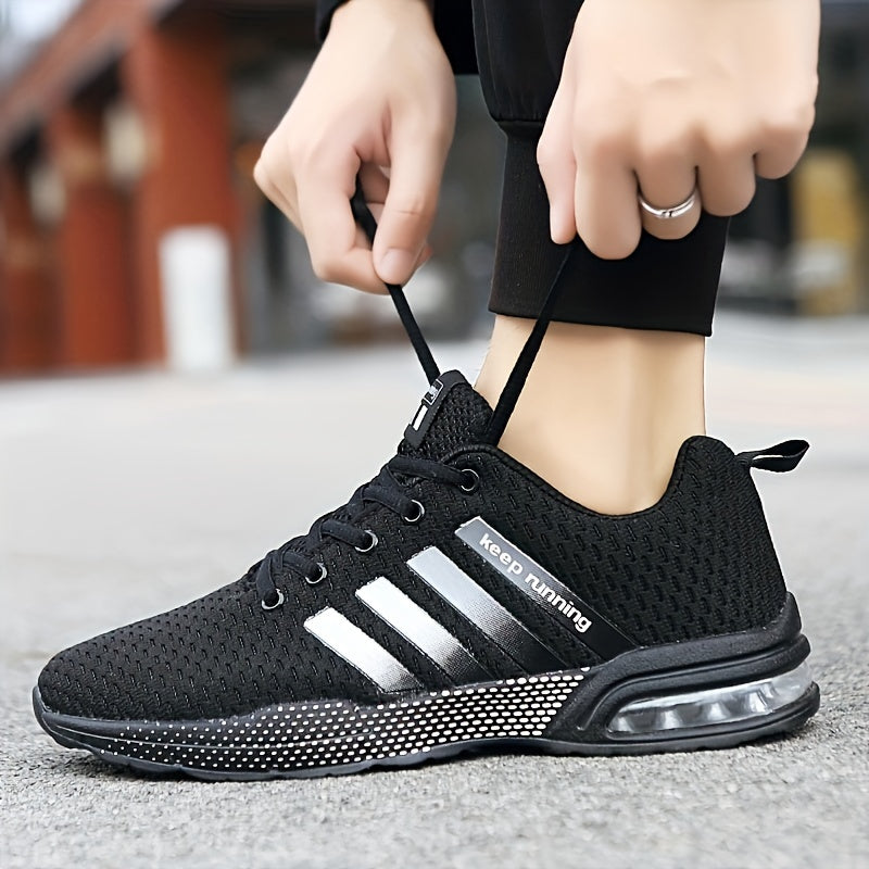 Men's Lace-up Sneakers With Air Cushion - Striped Athletic Shoes - Wear-resistant And Breathable - Running Basketball Workout Gym