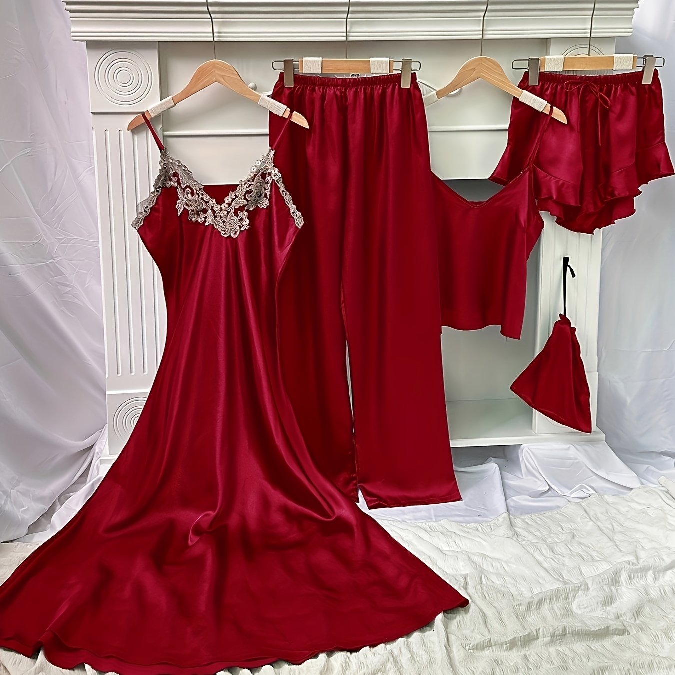 5 Piece Satin Sleep Set, Lace Trim Slip Dress + Cami Top + Ruffle Shorts + Lounge Pants, Women's Loungewear & Sleepwear