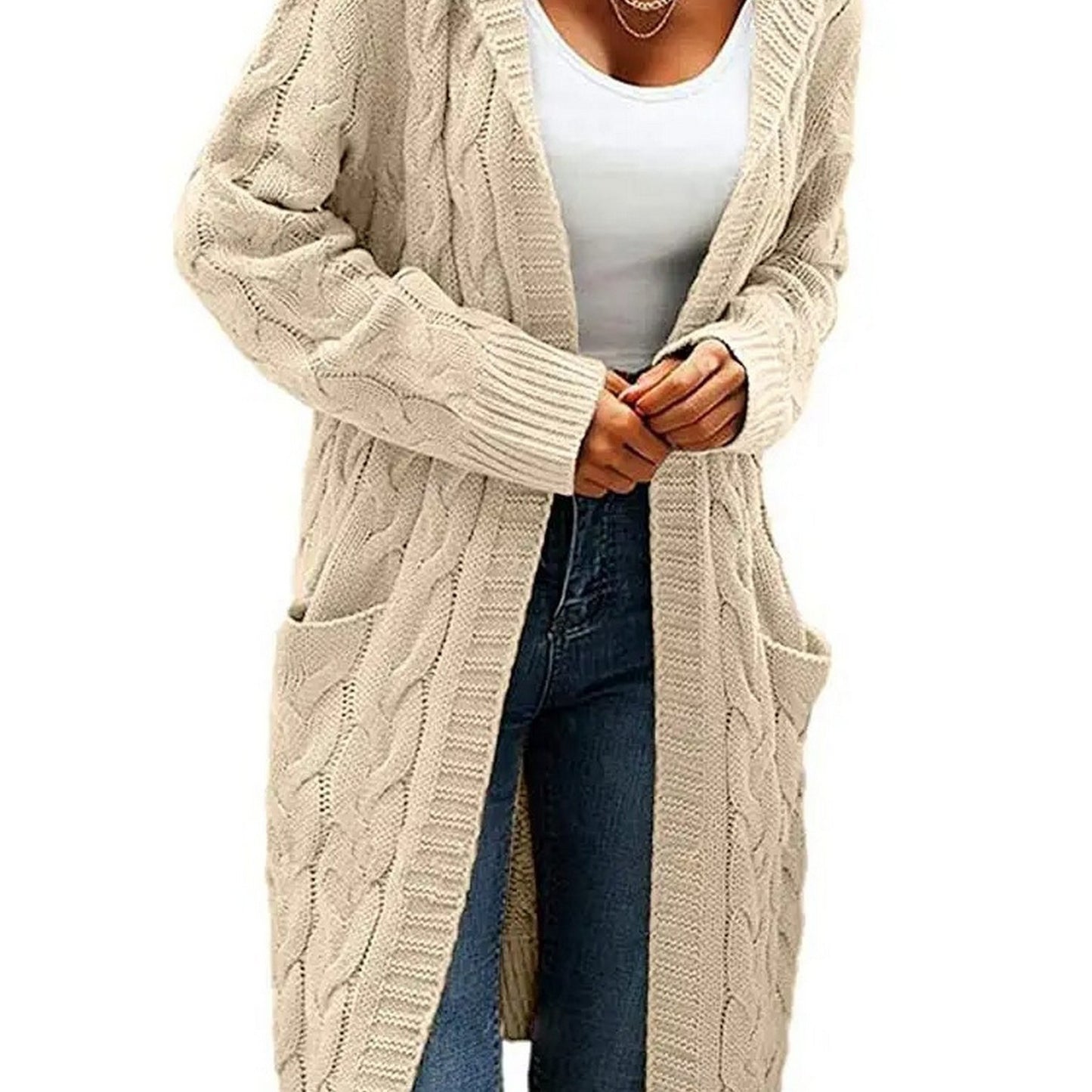 Women's Sweater Hooded Twist Knit Solid Thick Pocket Long Cardigan