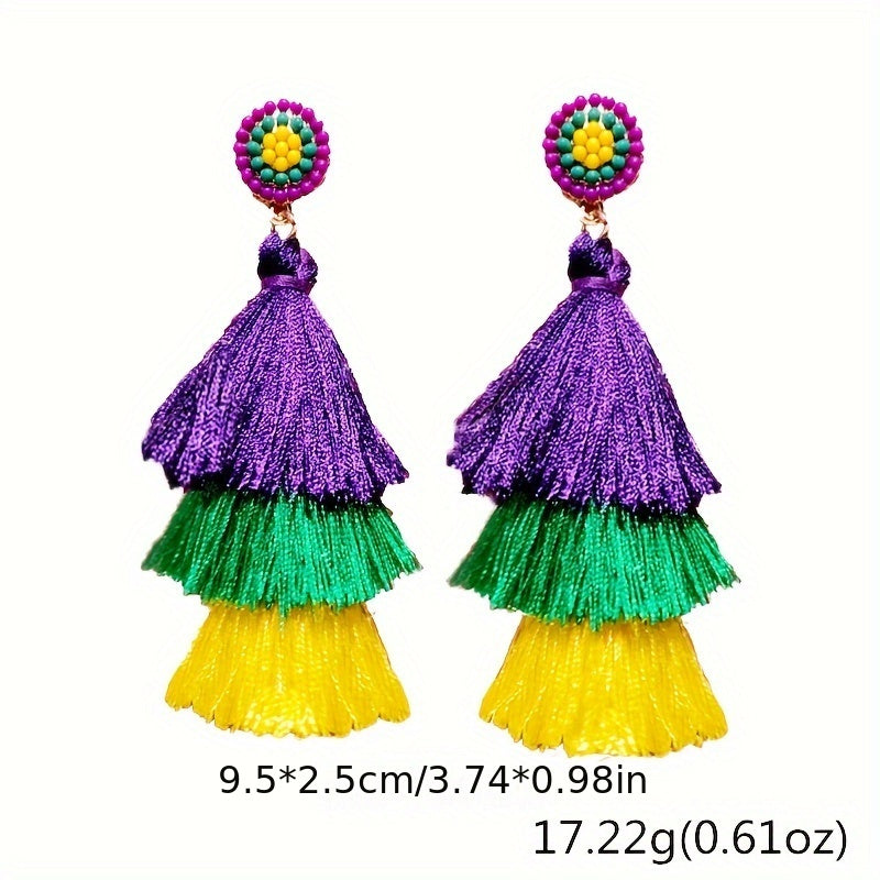 Colorful Threads Tassel Dangle Earrings Ethnic Party Style Alloy Jewelry Trendy Female Ear Ornaments mardi gras jewelry