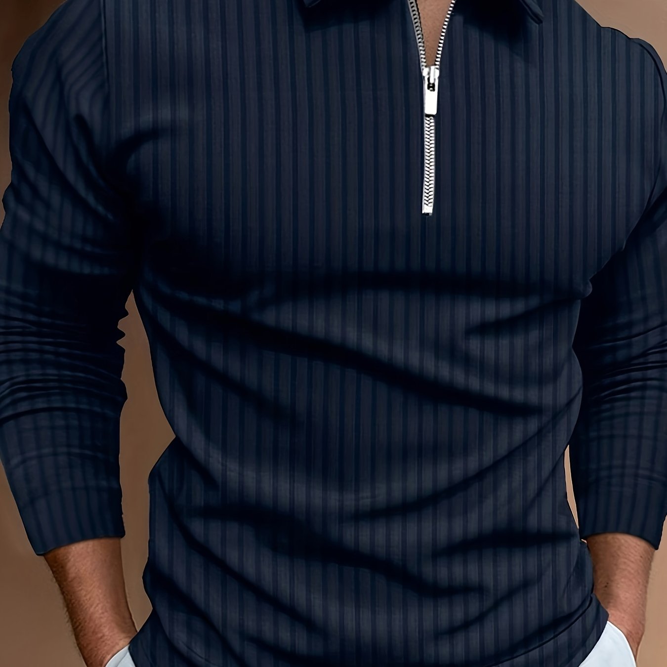 Camisas masculinas casuais de mangas compridas com zíper, pulôveres com gola de lapela, roupas masculinas para primavera e outono