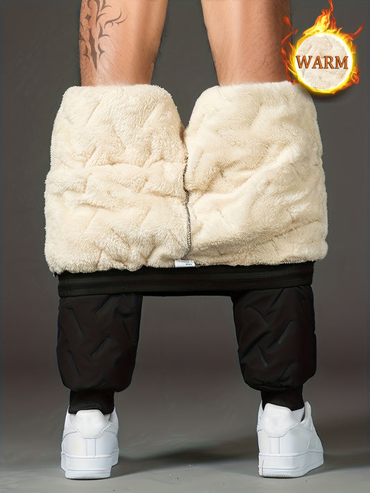 Warm Fleece Thick Joggers, Men's Casual Waist Drawstring Zipper Pockets Sweatpants For Fall Winter Outdoor Activities