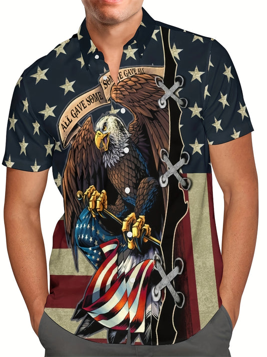 Men's Street Style Shirt With Eagle & US Flag Graphic Print For Summer, Oversized Loose Fit Short Sleeve Shirt For Males, Plus Size