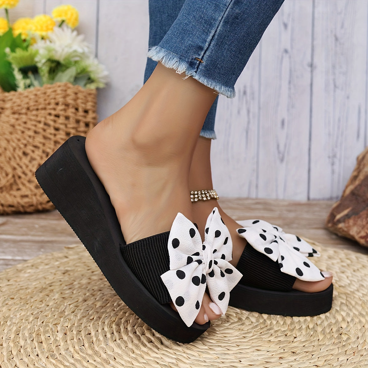 Women's Polka Dot Pattern Bowknot Sandals, Slip On Soft Sole Platform Wear-resistant Shoes, Non-slip Beach Wedge Shoes