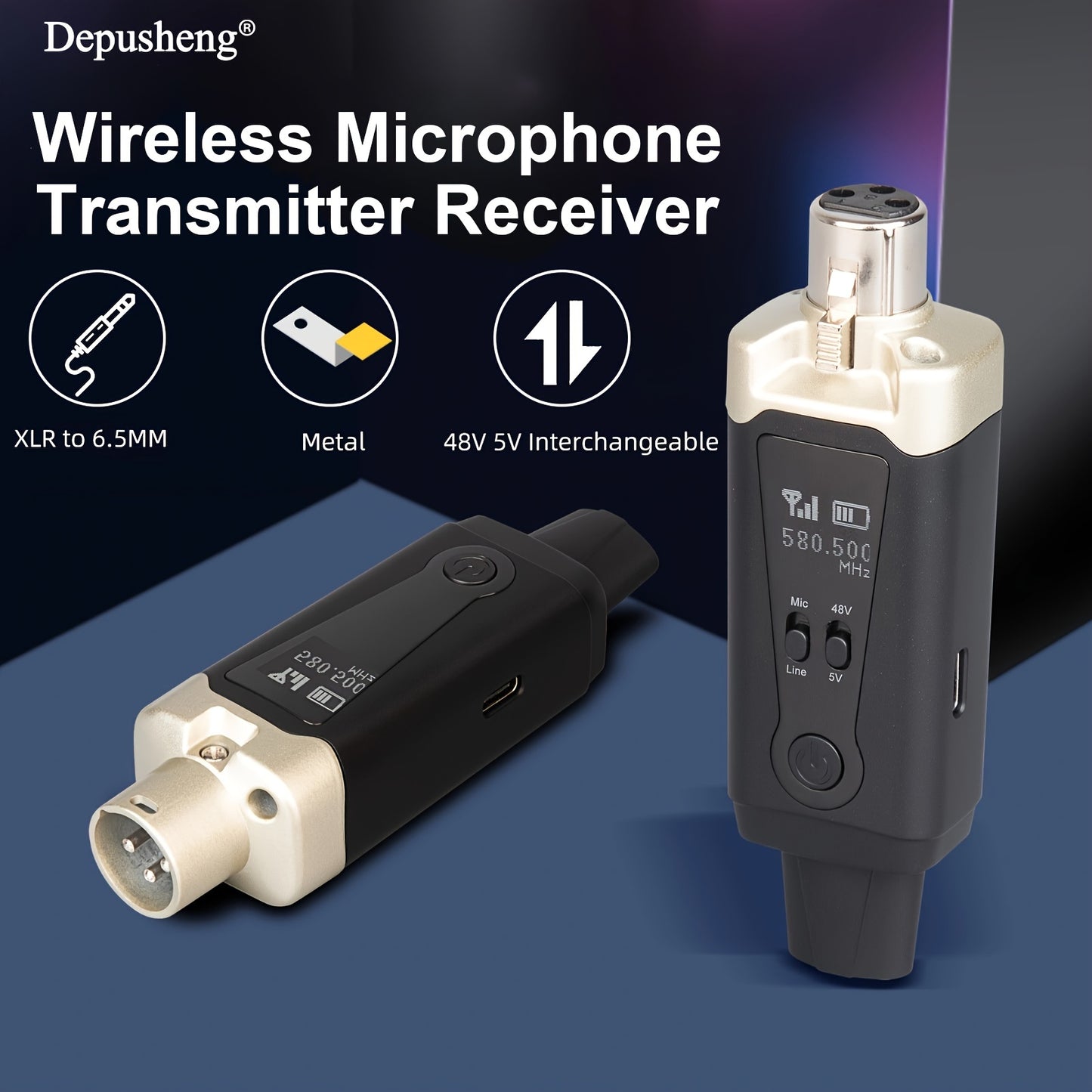 Depusheng T9 Transmisor de micrófono inalámbrico Receptor de micrófono XLR Sistema inalámbrico para micrófono dinámico y condensador Mezclador de audio, sistema de megafonía. Con 48V Phantom Power