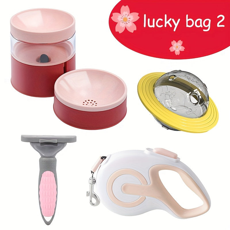 2024 Lucky Bag, 4pcs Dog Supplies, Integrated Raised Dog Food And Water Feeder Set, Retractable Handheld Pet Leash, Pet Dog Deshedding Comb And Flying Disc Shaped Food Leakage Ball Toy