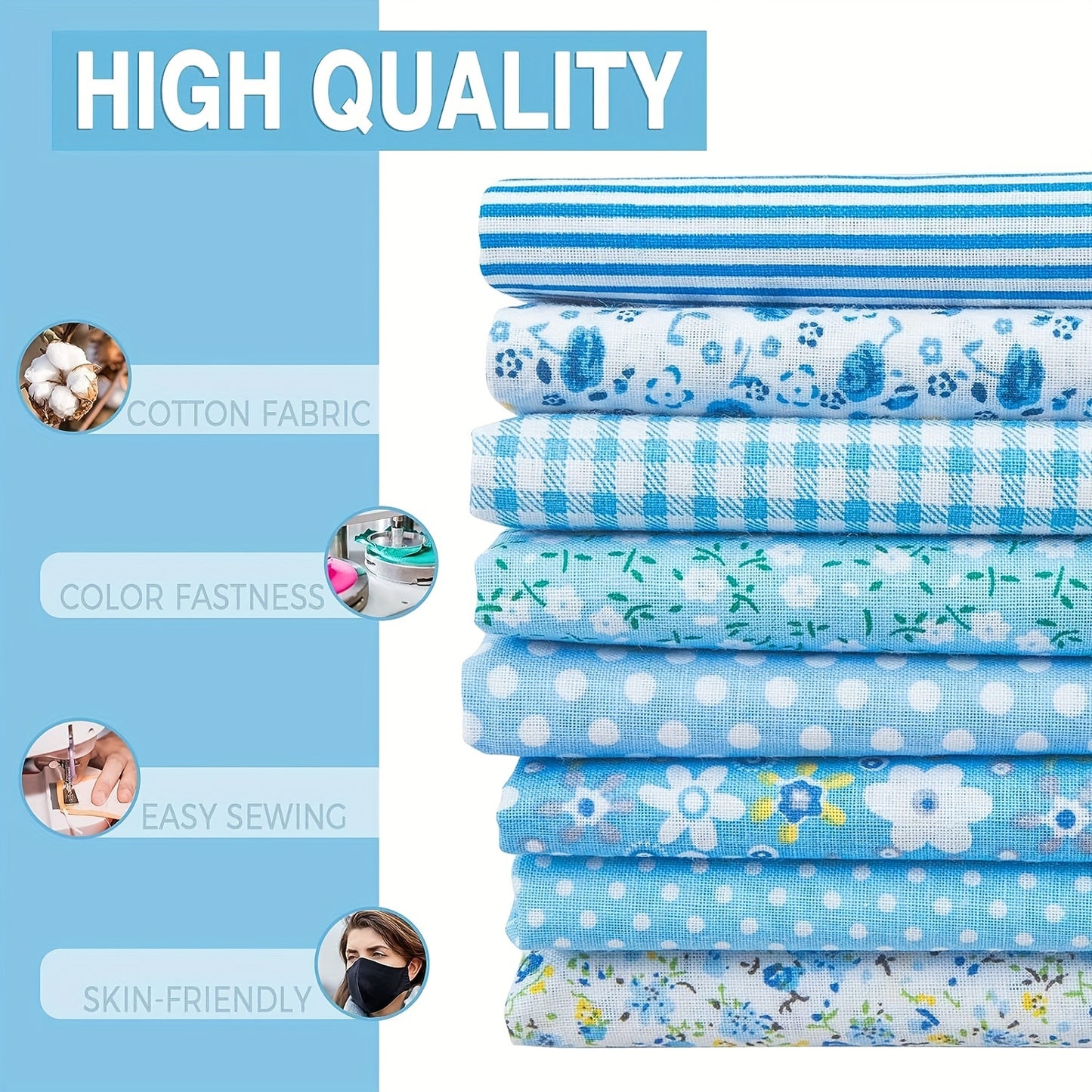 8pcs Quilting Fabric Misscrafts 19.69 X 19.69inch Cotton Fabric DIY Making Supplies Craft Patchwork Fabric Bundle Fat Quarter Pre-Cut Quilt Squares For DIY Sewing Scrapbooking Light Blue