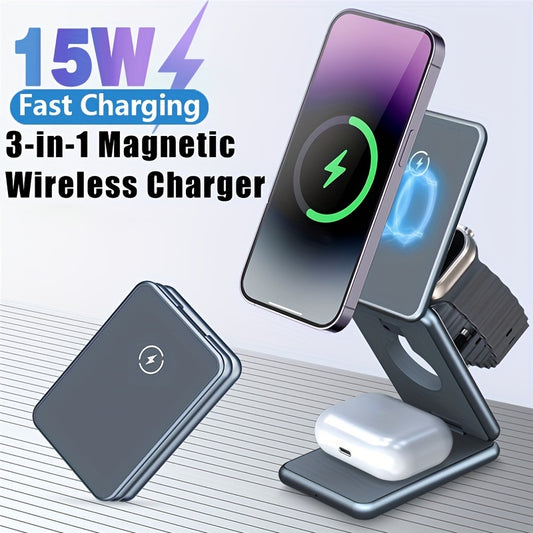 Portable Foldable 3 In 1 Fast Charging Station Magnetic 15W Wireless Charger Magnetic Wireless Charger Stand Pad For IPhone 15 14 13 12 IWatch 1-9 Airpods. Also Can Charger For Samsung Galaxy Watch Foldable Fast Charging Dock Station