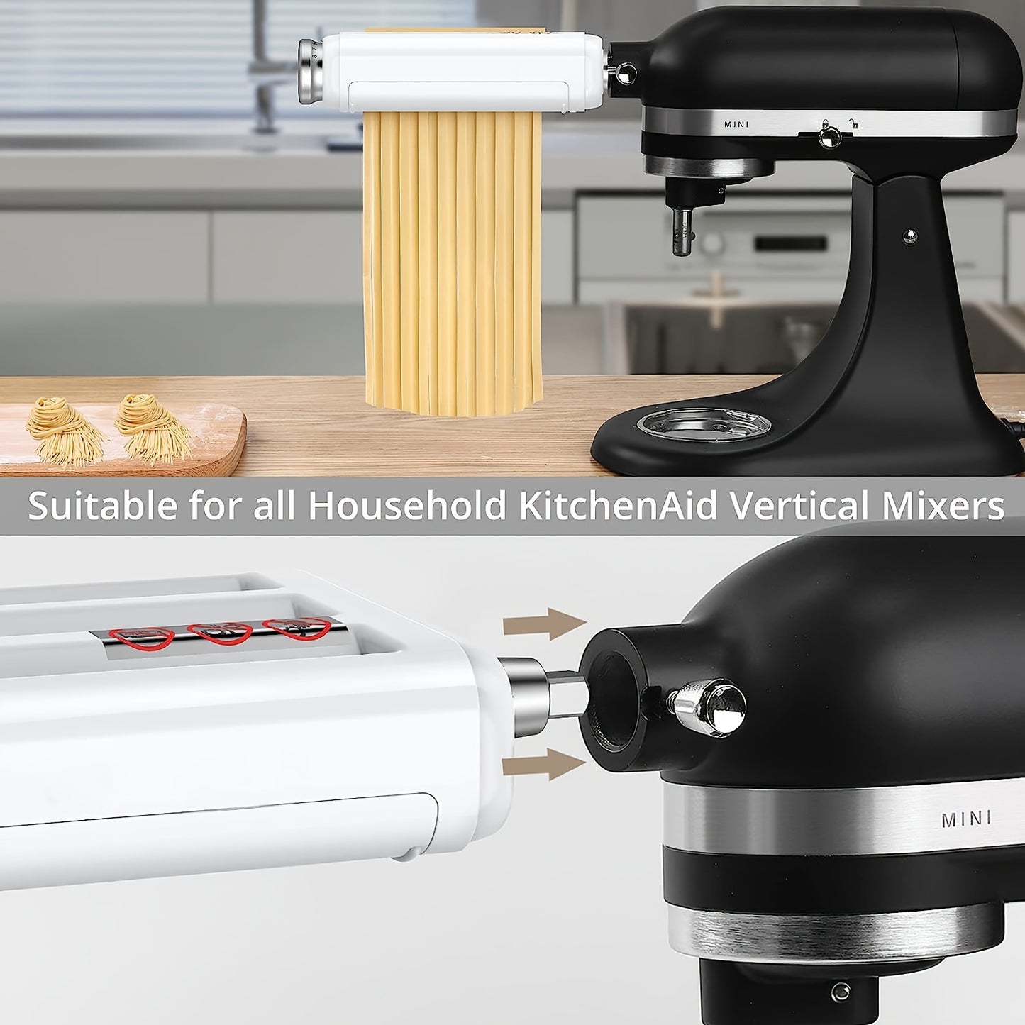 The 3-in-1 Spaghetti Accessories And Wonton Accessories Are Suitable For KitchenAid Vertical Mixer. The Spaghetti Production Accessories Include Spaghetti Drum, Spaghetti Cutter And Wonton Production Accessories