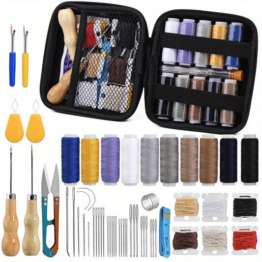 Kit de costura de couro de 52 peças Ferramentas de costura para reparo de estofados com agulhas de costura de olhos grandes, furador de costura, linha de costura, linha encerada, dedal, ferramenta de artesanato de couro para iniciantes e profissionais