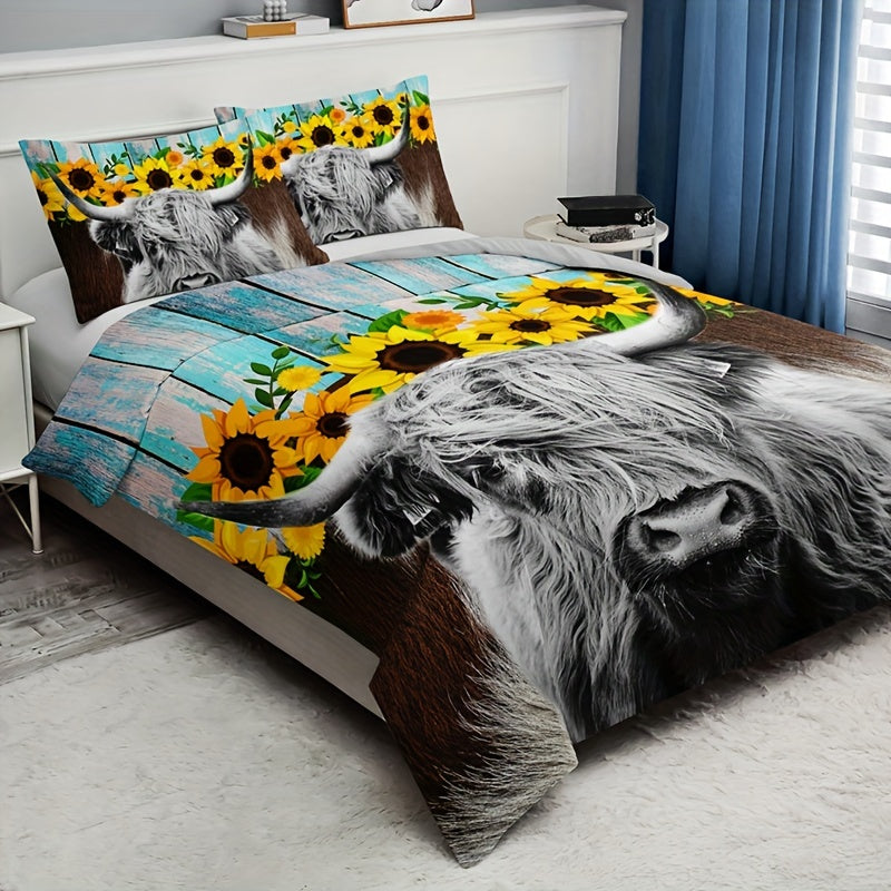 3pcs Soft and Comfortable Highland Cow Sunflower Print Duvet Cover Set for Bedroom and Guest Room - Includes 1 Duvet Cover and 2 Pillowcases (Core Not Included)