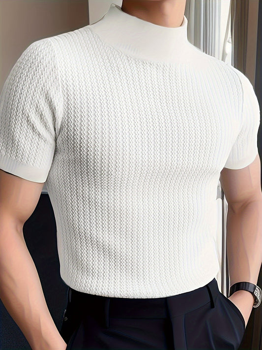 Men's Comfy Chic Turtleneck Solid T-shirt, Men's Summer Slim Fit Outdoor Clothes, Men's Clothing, Tops For Men, Gift For Men