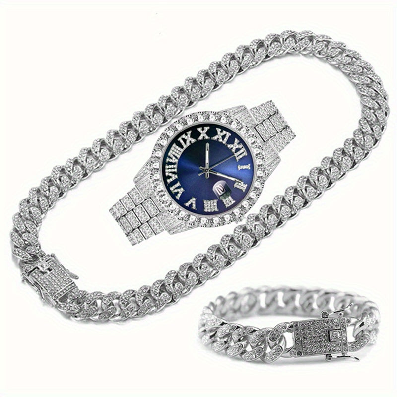 Moda plata azul reloj conjunto caja de regalo de los hombres con incrustaciones de hielo 12mm cadena cubana collar pulsera reloj conjunto hip hop cadena de hielo joyería de los hombres reloj de la joyería