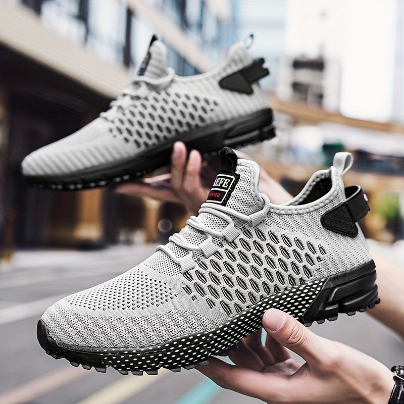 Atmungsaktive Mesh-Schnürschuhe mit lässiger geometrischer Druck für Herren, Anti-Rutsch-Schuhe für Laufsport