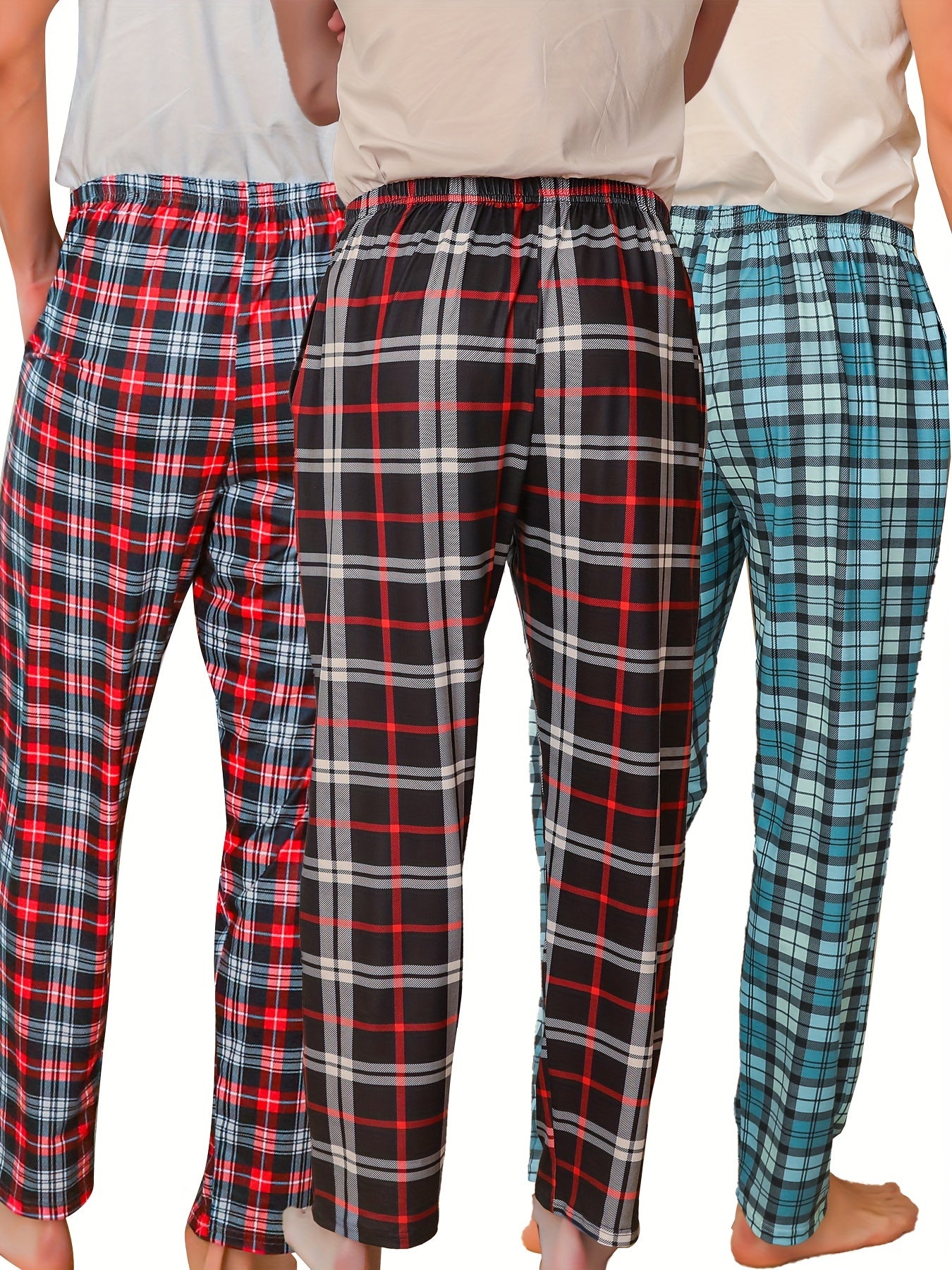 3pcs Men's Simple Style Plaid Pattern Casual Comfy Pants, Trendy Loose Stretchy Elastic Waist Home Pajamas Bottom, Suitable For Sleeping Home