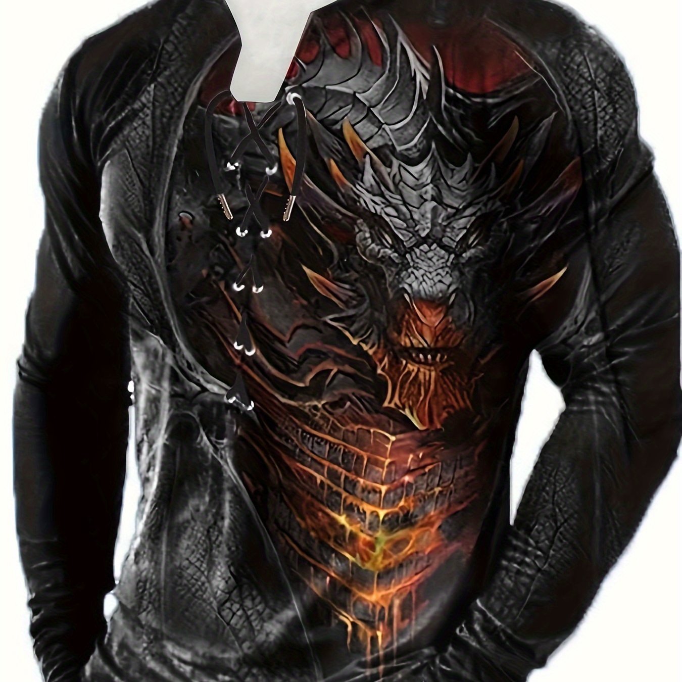 Scary Dragon 3D Print Men's Long Sleeve Henley Tee, Men's Retro Clothing For Spring Fall