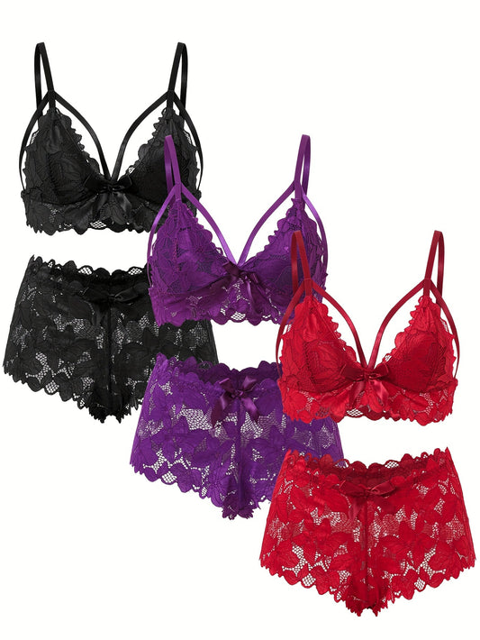 3 Sets Floral Lace Lingerie Set, Hollow Out Bra & Bow Panties, Women's Sexy Lingerie & Underwear