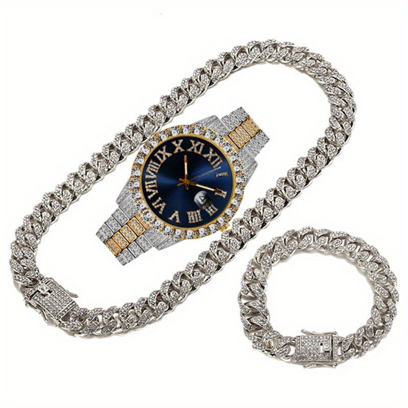 Fashion Silver Blue Watch Set Gift Box Men's Ice Inlaid 12mm Cuban Chain Necklace Bracelet Watch Set Hip Hop Chain Ice Jewelry Men's Jewelry Watch