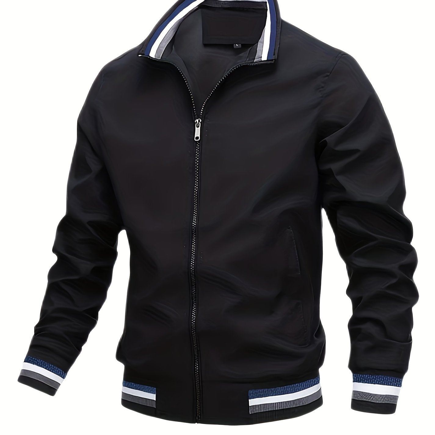 Plus Size Men's Trendy Casual Zipper Stand Collar Pocket Jacket, Solid Color Long Sleeve Stripe Pattern On The Bottom Coat Loose Oversized