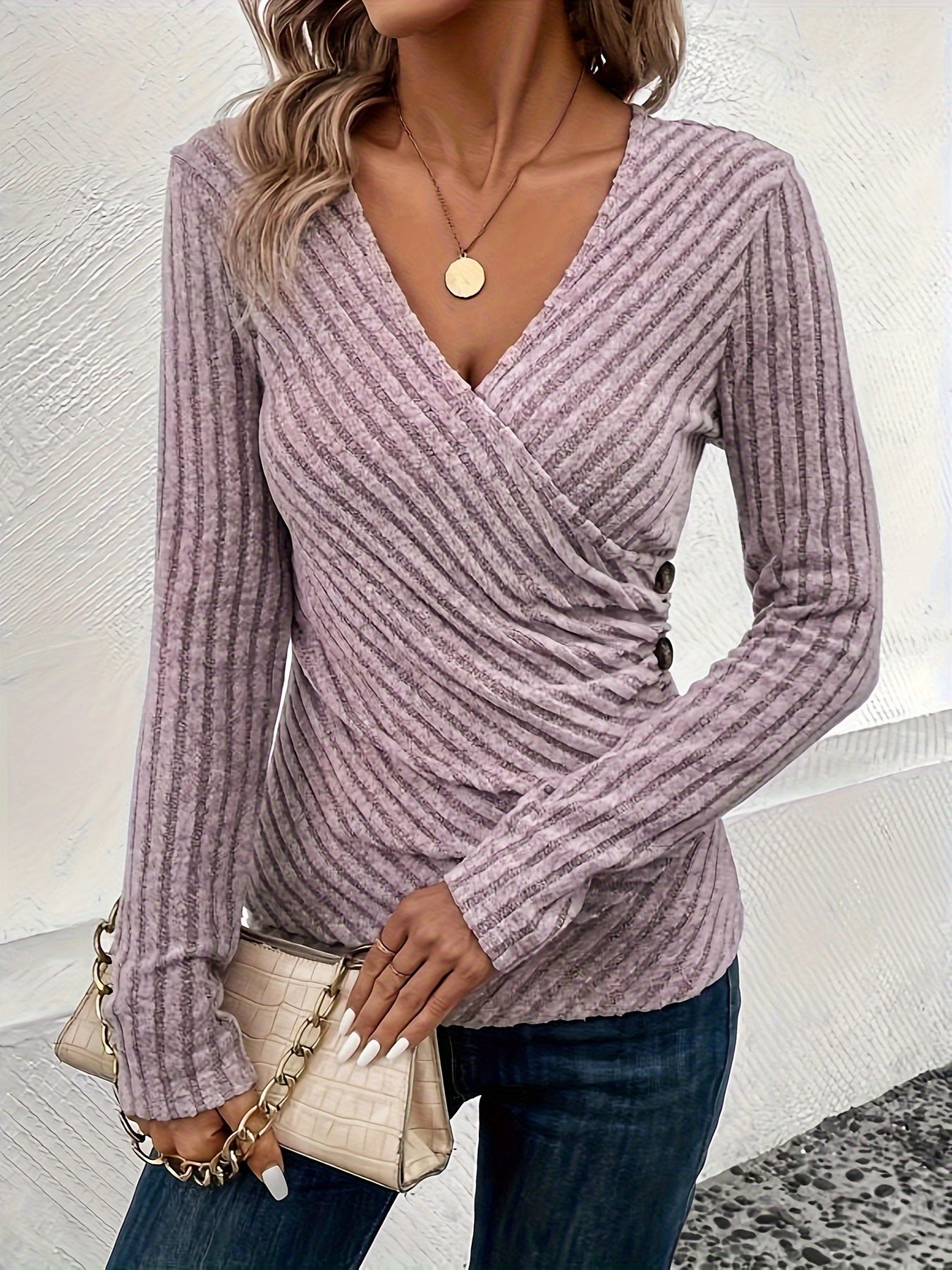 Ribbed Ruched Button Decor T-Shirt, Casual V Neck Long Sleeve Top For Spring & Fall, Women's Clothing