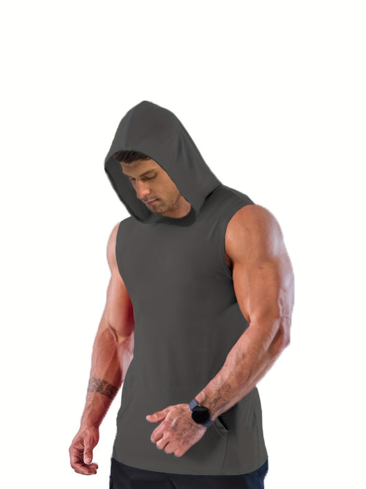 Plus Size Men's Solid Sleeveless Hoodies For Sports, Fashion Casual Hooded Tank Top For Summer, Men's Clothing