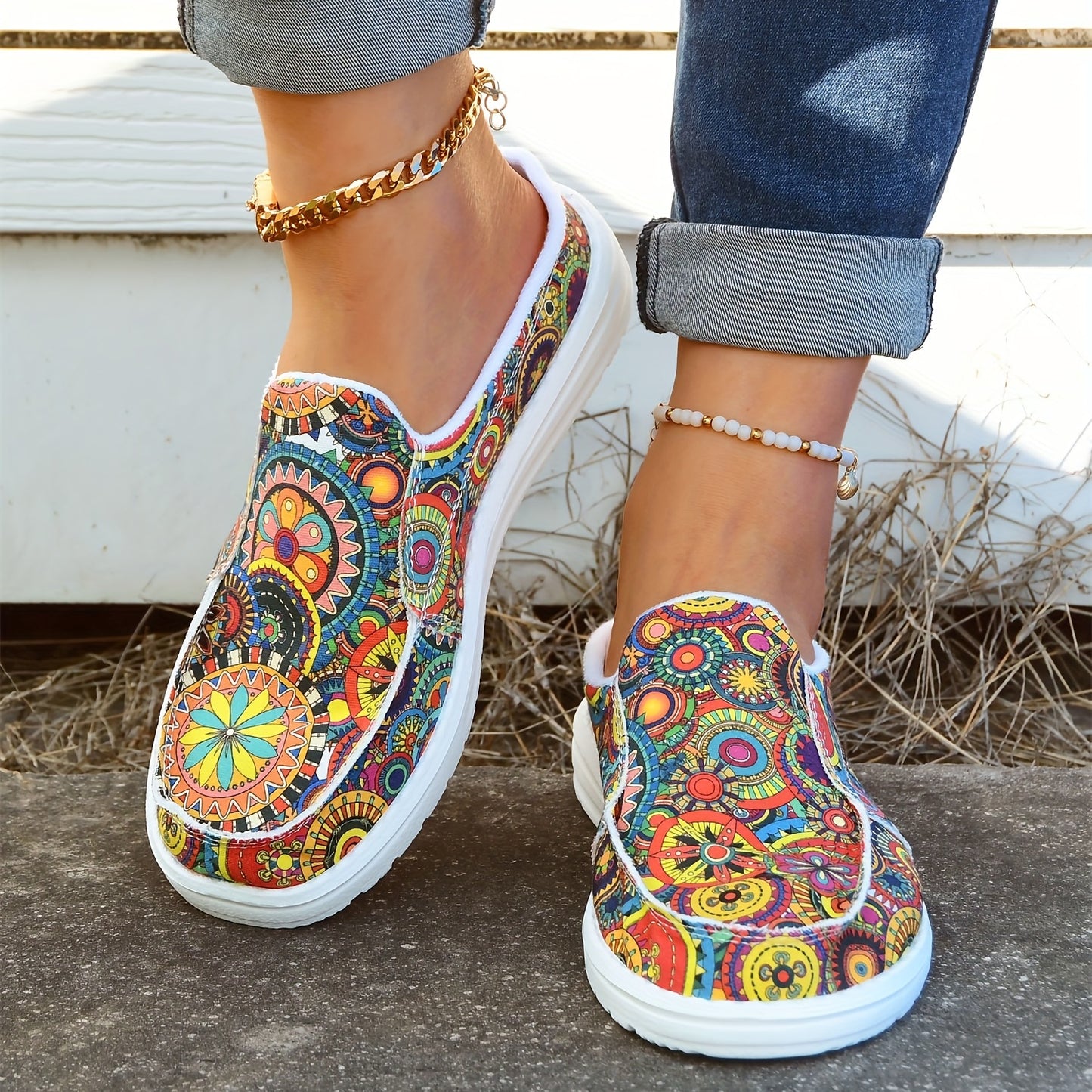 Women's Colorful Floral Print Canvas Shoes, Fashion Slip On Flat Backless Loafers, Casual Walking Shoes