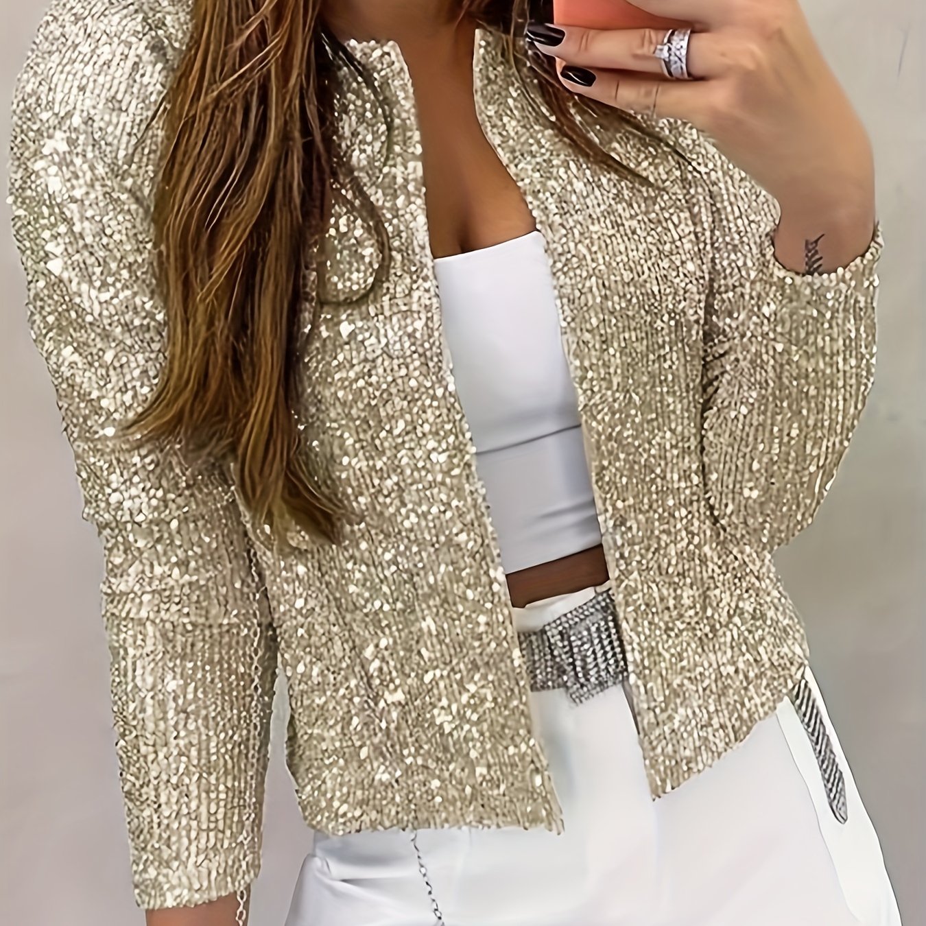 Sequined Solid Jacket, Casual Open Front Crew Neck Long Sleeve Outerwear, Women's Clothing