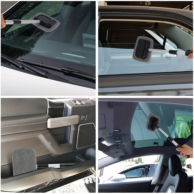 Windshield Cleaner, Microfiber Car Window Cleaner With 4 Reusable And Washable Microfiber Pads And Extendable Handle Auto Inside Glass Wiper Kit